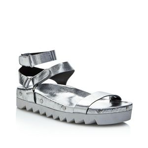 Rebecca Minkoff ELORA METALLIC LEATHER STUDDED PLATFORM SANDALS IN SILVER